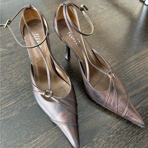 Pegabo Brown Leather Pointed Toe Ankle Strap Heels